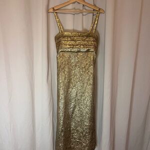 Caramel London Metallic Gold Brocade Midi Dress – Silk Blend – XS